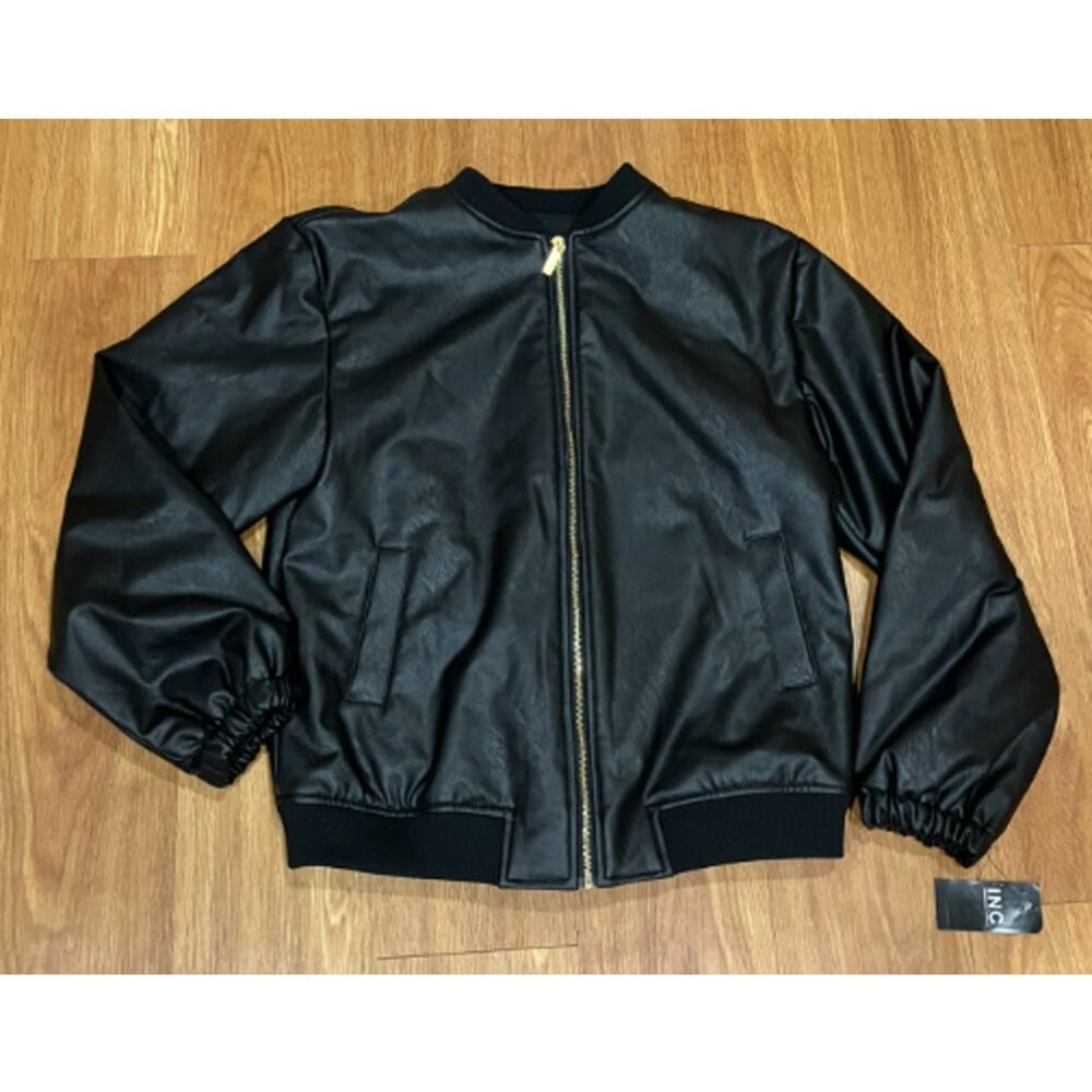 I.N.C. Women's Faux-Leather Bomber Jacket Deep Black Size S
